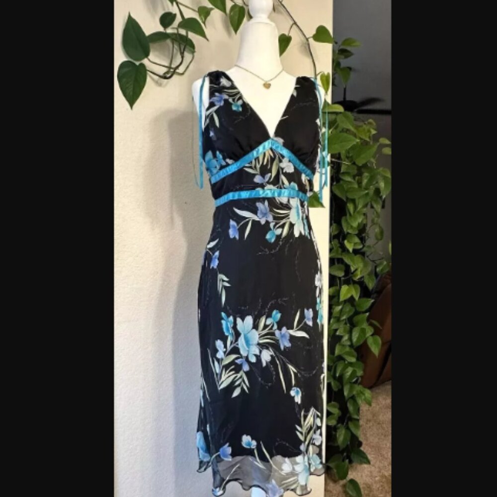 Vintage Dress Small Y2k 2000s 90s floral print Black Teal Ribbons Blue Laura